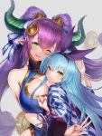  2girls 3:&lt; ;d bangs blue_hair blue_kimono blush bow breasts china_dress chinese_clothes cleavage cleavage_cutout closed_mouth demon_horns double_bun dress eyebrows_visible_through_hair green_eyes grey_background hair_bow hairband horns hug japanese_clothes kimono large_breasts long_hair looking_at_viewer looking_back multiple_girls one_eye_closed open_mouth parted_lips pointy_ears purple_bow purple_hair simple_background size_difference smile soukyuu_no_skygalleon teeth twintails upper_body v very_long_hair yagasuri yapo_(croquis_side) yellow_eyes 