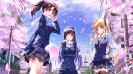  3girls black_hair black_legwear blonde_hair blue_eyes blurry blush breast_hold breasts brown_eyes brown_hair building cherry_blossoms day depth_of_field elooking_at_viewer hair_ribbon hairband hand_on_hip highres kasumigaoka_utaha katou_megumi large_breasts long_hair looking_at_viewer miniskirt multiple_girls open_mouth outdoors pantyhose pleated_skirt red_eyes ribbon road saenai_heroine_no_sodatekata sailor_collar sawamura_spencer_eriri school_uniform short_hair skirt smile street swordsouls thigh-highs twintails wind 