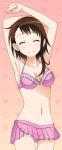  1girl armpits arms_up bikini bikini_skirt breasts brown_hair cleavage closed_eyes collarbone cowboy_shot gluteal_fold medium_breasts navel nisekoi onodera_kosaki pink_bikini pleated_skirt short_hair_with_long_locks sidelocks skirt smile solo standing swimsuit 