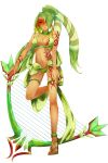  1girl anklet bow_(weapon) breasts cleavage dark_skin flygon full_body green_hair groin highres jewelry legband long_hair looking_at_viewer medium_breasts midriff nail_polish navel open_mouth parted_lips personification pokemon red_eyes red_nails sandals standing standing_on_one_leg tattoo tribal twintails veil weapon yuei_(win) 