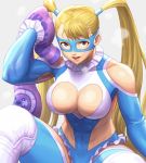  1girl abs bare_shoulders blonde_hair breasts brown_eyes cleavage cleavage_cutout heart_cutout heavy_breathing knee_pads large_breasts leotard long_hair mask noppo_(tarstation) rainbow_mika revealing_clothes sitting solo street_fighter street_fighter_v sweat toned towel twintails wrestling_outfit 