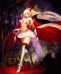  1girl armor bare_shoulders blonde_hair boots cape castle crown cygames fang floating_clothes gloves head_wings high_heels kneehighs kneeling knight long_hair midriff navel official_art queen_vampire_(shadowverse) red_carpet red_eyes ribbon shadowverse shingeki_no_bahamut skirt tachikawa_mushimaro very_long_hair walking 