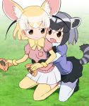  2girls :3 animal_ears black_footwear black_hair black_ribbon black_shoes black_skirt blue_shirt blush breast_pocket brown_eyes brown_hair collar d: dot_nose eyebrow_twitching eyebrows_visible_through_hair eyelashes fang fennec_(kemono_friends) food fox_ears fox_tail full_body fur_collar fur_trim gloves grass grey_hair hair_between_eyes hands_on_another&#039;s_stomach highres holding holding_food hug hug_from_behind japari_bun jitome kemono_friends looking_at_another looking_to_the_side multicolored_hair multiple_girls neck_ribbon open_mouth outdoors pantyhose pink_sweater pleated_skirt pocket puffy_short_sleeves puffy_sleeves raccoon_(kemono_friends) raccoon_ears raccoon_tail ribbon sat-c shadow shiny shiny_skin shirt shoes short_hair short_sleeve_sweater short_sleeves skirt smile squatting striped_tail sweater tail thigh-highs tsurime white_footwear white_hair white_legwear white_shoes white_skirt yellow_gloves yellow_legwear yellow_ribbon zettai_ryouiki 