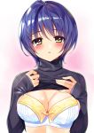  1girl aomi-chan_(bucchake) bangs blue_hair blush bow bow_bra bra breasts bucchake_(asami) clothes_lift eyebrows_visible_through_hair looking_at_viewer medium_breasts original parted_lips ribbed_sweater short_hair sleeves_past_wrists solo sweater sweater_lift turtleneck turtleneck_sweater underwear upper_body white_bra yellow_bow yellow_eyes 