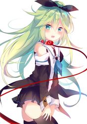  1girl bare_shoulders black_legwear black_ribbon black_serafuku black_skirt blue_eyes blue_neckerchief detached_sleeves green_hair hair_between_eyes hair_ribbon kantai_collection leash long_hair neckerchief pleated_skirt ponika ribbon school_uniform serafuku simple_background skirt solo thigh-highs white_background yamakaze_(kantai_collection) 