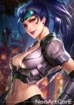  1girl alternate_costume breasts brown_eyes cleavage goggles goggles_on_head long_hair looking_at_viewer medium_breasts midriff navel nudtawut_thongmai overwatch parted_lips purple_hair smile solo stomach sweat talon_widowmaker upper_body widowmaker_(overwatch) 