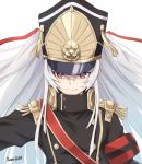  1girl armband gunpuku_no_himegimi hair_ribbon hat high_collar highres ivan_wang long_hair military military_uniform re:creators red_eyes ribbon shako_cap solo uniform upper_body white_hair 