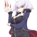  1girl arm_up bodysuit breasts brown_eyes cleavage coat covered_navel fate/grand_order fate_(series) fur_trim grin hips jeanne_alter jewelry katuhata large_breasts necklace ruler_(fate/apocrypha) short_hair silver_hair simple_background smile solo white_background 