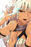  1girl altera_(fate) bare_shoulders black_nails brown_eyes dark_skin fate/grand_order fate_(series) i-pan nail_polish one_eye_closed open_mouth solo teeth veil water white_hair 