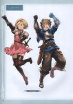  1boy 1girl absurdres armor belt blonde_hair boots brown_eyes brown_hair closed_eyes djeeta_(granblue_fantasy) dress frills gauntlets gran_(granblue_fantasy) granblue_fantasy hairband highres knee_boots looking_at_viewer minaba_hideo official_art one_eye_closed open_mouth pants pink_dress puffy_sleeves scan simple_background sword thigh-highs weapon zettai_ryouiki 