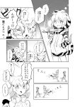  2girls :d animal_ears animal_hood animal_print bangs bare_legs bare_shoulders bow bowtie cat_ears cat_tail comic dot_nose extra_ears eyebrows_visible_through_hair geta greyscale hands_in_pockets high-waist_skirt highres hood hoodie kemono_friends koyoi_mitsuki long_sleeves monochrome multiple_girls open_mouth ribbon sand_cat_(kemono_friends) shirt short_hair skirt sleeveless sleeveless_shirt smile snake_tail speech_bubble striped_tail tail teeth text translation_request tsuchinoko_(kemono_friends) tunnel 