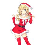  1girl amelie_mcgregor bare_shoulders beltskirt blonde_hair blue_eyes breasts contrapposto elbow_gloves eyebrows_visible_through_hair fur_trim gloves hand_on_hip hat long_hair looking_at_viewer medium_breasts mmu official_art one_eye_closed red_gloves red_legwear santa_costume santa_hat skirt smile solo standing thigh-highs transparent_background uchi_no_hime-sama_ga_ichiban_kawaii 