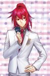  1boy aken card cardfight!!_vanguard closed_mouth formal hand_on_hip high_ponytail highres long_hair long_sleeves looking_at_viewer male_focus necktie pant_suit polka_dot polka_dot_background red_eyes red_necktie redhead smile solo suit suzugamori_ren twitter_username upper_body 
