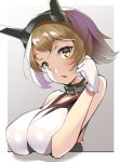  1girl bare_shoulders breasts brown_background cleavage collarbone colored crop_top eyebrows_visible_through_hair flipped_hair gloves green_eyes hair_between_eyes hand_on_own_cheek headgear kantai_collection kurogoma_(haruhi3) large_breasts light_brown_hair looking_at_viewer mutsu_(kantai_collection) open_mouth outside_border short_hair sleeveless solo spot_color twitter_username upper_body white_border white_gloves 