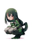  1girl :p asui_tsuyu blush bodysuit boku_no_hero_academia breasts brown_eyes buckle dripping eyebrows_visible_through_hair full_body gloves green_bodysuit green_hair grey_gloves hair_between_eyes hair_rings hands_on_own_knees legs_together long_hair long_tongue looking_at_viewer maro_(lij512) medium_breasts shiny shiny_hair simple_background solo tareme tongue tongue_out water water_drop wet wet_clothes wet_hair white_background 
