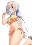  1girl arm_behind_back bikini blue_eyes blush breasts collarbone eating food from_below groin hair_ornament hair_over_one_eye hairclip halter_top halterneck hamakaze_(kantai_collection) kantai_collection large_breasts mikazuchi_zeus navel one_leg_raised open_clothes open_shirt orange_bikini popsicle sandals shirt short_hair short_sleeves silver_hair simple_background sketch solo standing standing_on_one_leg striped striped_bikini swimsuit white_background white_shirt 