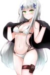  1girl bikini blush commentary commentary_request cowboy_shot girls_frontline green_eyes hair_ornament hairclip hakuya_(white_night) hk416_(girls_frontline) long_hair looking_at_viewer o-ring_top silver_hair simple_background solo swimsuit teardrop thigh_strap two_piece very_long_hair white_background 