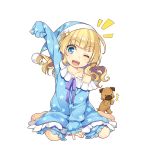  1girl amelie_mcgregor barefoot blonde_hair blue_eyes child dog full_body hat long_hair looking_at_viewer mmu off_shoulder official_art one_eye_closed open_mouth pajamas sitting sleeves_past_wrists solo star star_print transparent_background uchi_no_hime-sama_ga_ichiban_kawaii wariza younger 