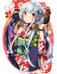  1girl animal animal_on_hand arrow bangs bead_bracelet beads bird blue_hair blush bracelet braid brown_eyes cherry_blossoms chicken closed_mouth ema eyebrows_visible_through_hair floral_background floral_print hamaya hand_on_own_chest hands_up highres holding_arrow japanese_clothes jewelry kimono long_hair looking_at_viewer mikoto_kei new_year obi original red_kimono rooster sash sidelocks silver_hair smile solo year_of_the_rooster 