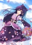  1girl 2017 :d absurdres bow character_name clouds cloudy_sky date_a_live day detached_sleeves dutch_angle floating_hair hair_bow happy_birthday highres japanese_clothes kimono long_hair looking_at_viewer mo_(pixiv9929995) open_mouth outdoors purple_bow purple_hair purple_kimono sky sleeveless sleeveless_kimono smile solo standing striped striped_legwear vertical-striped_legwear vertical_stripes very_long_hair violet_eyes yatogami_tooka 