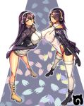  2girls absurdres bird_tail black_boots black_hair blush boots breasts brown_boots brown_eyes closed_mouth clyde_s covered_navel emperor_penguin_(kemono_friends) foreshortening from_side full_body gentoo_penguin_(kemono_friends) hair_between_eyes hair_over_one_eye headphones highleg highleg_leotard highres hood hoodie japari_symbol kemono_friends large_breasts leotard long_hair long_sleeves looking_at_viewer looking_to_the_side multicolored_hair multiple_girls open_clothes open_hoodie orange_hair smile spread_legs standing streaked_hair thigh-highs white_legwear white_leotard 