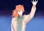  1boy april_fools closed_eyes eyebrows_visible_through_hair fate/grand_order fate_(series) gloves iriya_(lonesome) long_hair male_focus orange_hair ponytail romani_akiman sky smile solo spoilers star_(sky) starry_sky upper_body waving white_gloves 