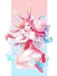  1girl :d animal animal_ears blue_eyes cape closed_eyes highres holding holding_animal looking_at_viewer mary_janes moemon mooooong1008 open_mouth personification pink_hair pink_shoes pokemon pokemon_(creature) ribbon shoes smile sylveon tail white_legwear 