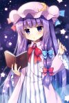  1girl :o blue_bow blush book bow crescent dress hair_bow hat long_hair looking_at_viewer mauve patchouli_knowledge purple_hair red_bow solo star striped touhou vertical-striped_dress vertical_stripes violet_eyes 