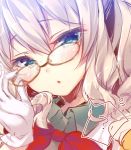 1girl :o ? adjusting_glasses blue_eyes blush eyebrows_visible_through_hair glasses kantai_collection kashima_(kantai_collection) looking_at_viewer mitsumomo_mamu open_mouth question_mark short_hair silver_hair solo speech_bubble spoken_question_mark twintails 