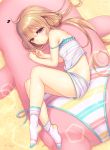  1girl bangs blush brown_eyes brown_hair camisole closed_mouth futaba_anzu hexagon hlz idolmaster idolmaster_cinderella_girls lens_flare long_hair loungewear low_twintails lying on_side panties short_shorts shorts side-tie_panties socks solo strap_slip striped striped_legwear striped_panties stuffed_animal stuffed_toy thighs twintails underwear white_panties 