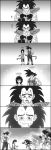  1girl 2boys age_regression armor bardock blood blood_from_mouth broken_armor closed_eyes comic crossed_arms dirty dragon_ball dragon_ball_z dragonball_z family gine gradient gradient_background halo highres kim_yura_(goddess_mechanic) kneeling monkey_tail monochrome multiple_boys muscle pants pants_under_skirt raditz skirt tail tears wristband younger 