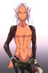  1boy belt cowboy_shot dark_elf dark_skin earrings elf glasses gradient gradient_background groin jewelry looking_at_viewer male_focus midriff mitsuha_(bless_blessing) muscle navel original pointy_ears red_eyes solo standing 