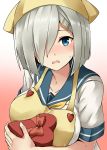  1girl apron artist_name blue_eyes blush breasts collarbone dated gradient gradient_background grey_hair hair_ornament hair_over_one_eye hairclip hamakaze_(kantai_collection) head_scarf heart-shaped_box highres kamelie kantai_collection large_breasts looking_at_viewer pink_background revision sailor_collar school_uniform serafuku short_hair short_sleeves solo upper_body white_background 
