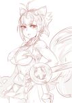  1girl aixk animal_ears antenna_hair blazblue breasts cowboy_shot crop_top dual_wielding highres large_breasts lineart makoto_nanaya miniskirt navel open_mouth revealing_clothes short_hair skirt solo squirrel_ears squirrel_tail tail tonfa under_boob weapon 