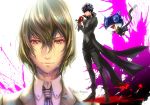  2boys akechi_gorou black_hair black_pants blood blood_splatter boots brown_boots brown_hair cat flower gloves kurusu_akira looking_at_viewer male_focus mitsuha_(bless_blessing) morgana_(persona_5) multiple_boys necktie open_mouth pants persona persona_5 red_eyes red_gloves rose smelling striped striped_necktie tears vest yaoi 