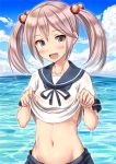  1girl :d blue_ribbon blue_skirt blush breasts clouds collarbone day dripping flat_chest hair_bobbles hair_ornament highres ichikawa_feesu kantai_collection lifted_by_self looking_at_viewer midriff navel no_bra ocean open_mouth outdoors pink_eyes pink_hair ribbon sazanami_(kantai_collection) school_uniform see-through serafuku shiny shiny_hair shirt shirt_lift short_sleeves skirt sky small_breasts smile solo stomach twintails upper_body water water_drop wet wet_clothes wet_shirt white_shirt 