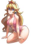  1girl absurdres blue_eyes breasts cleavage crown highres long_hair looking_at_viewer super_mario_bros. medium_breasts navel princess_peach ryukenden smile solo super_mario_bros. swimsuit 