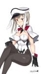  1girl animal_ears black_gloves black_legwear blush breasts bunnysuit capelet covered_navel erect_nipples fake_animal_ears gloves graf_zeppelin_(kantai_collection) grey_eyes grey_hair hand_on_own_knee hat highres invisible_chair kantai_collection kuro_chairo_no_neko large_breasts legs_crossed leotard pantyhose peaked_cap rabbit_ears simple_background sitting sketch solo twintails twitter_username white_background 