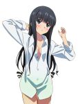  1girl black_hair blue_eyes blush bottomless breasts cleavage collarbone cowboy_shot dress_shirt head_tilt long_hair looking_at_viewer minamiya_natsuki naked_shirt open_clothes open_shirt parted_lips shirt small_breasts solo standing strike_the_blood transparent_background white_shirt 