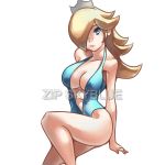  1girl bare_shoulders blonde_hair blue_eyes breasts crown hair_over_one_eye highres large_breasts long_hair super_mario_bros. navel nintendo rosetta_(mario) ryukenden solo super_mario_bros. super_mario_galaxy swimsuit white_background 