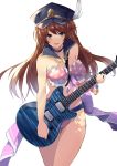  1girl bangs bead_bracelet beads bikini blue_eyes bracelet braid breasts brown_hair cowboy_shot electric_guitar eyebrows_visible_through_hair feathers floating_hair frilled_bikini frills granblue_fantasy guitar hat hat_feather highres holding_instrument instrument jewelry lecia_(granblue_fantasy) long_hair looking_at_viewer medium_breasts open_mouth peaked_cap pink_bikini police_hat polka_dot simple_background smile solo swimsuit ultone_(neisiss) white_background 