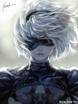  1girl artist_name black_dress blindfold blurry breasts cleavage depth_of_field dress hairband kim_yura_(goddess_mechanic) lips mole mole_under_mouth nier_(series) nier_automata parted_lips signature silver_hair solo yorha_no._2_type_b 