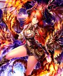  1girl artist_request belt boots breasts burning capelet choker claws cleavage clouds cygames dragon dragon_girl dragon_horns dragon_tail dragon_wings fire hair_over_one_eye horns jewelry long_hair mole mole_under_eye navel necklace official_art orange_hair pointy_ears pouch scales shadowverse shingeki_no_bahamut shorts sky_dragon_ethica smile tail wings yellow_eyes 