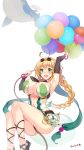  1girl :d ahoge arm_up armpits balloon balloon_vine_(flower_knight_girl) bangle baul blonde_hair blush bracelet braid breasts elbow_gloves flower_knight_girl gloves goggles goggles_on_head green_eyes hair_ornament hair_ribbon heart_ahoge heart_balloon highres jewelry kuro_chairo_no_neko large_breasts long_hair open_mouth ribbon rope signature simple_background single_braid smile solo tales_of_(series) tales_of_vesperia twitter_username whale white_background 