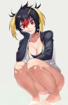  1girl bare_legs barefoot black_hair blonde_hair breasts cleavage closed_mouth collarbone gradient_hair hand_on_own_cheek hood hoodie kemono_friends large_breasts looking_at_viewer multicolored_hair red_eyes redhead rockhopper_penguin_(kemono_friends) short_twintails simple_background smile solo squatting twintails water white_background 