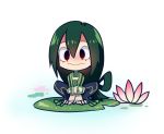  1girl :&gt; asui_tsuyu between_legs blush bodysuit boku_no_hero_academia breasts brown_eyes chibi empty_eyes expressionless eyebrows_visible_through_hair full_body gloves green_bodysuit green_hair grey_gloves hair_between_eyes hair_rings hand_between_legs lily_pad long_hair looking_at_viewer looking_away maro_(lij512) medium_breasts nose_blush shiny shiny_hair simbuckle solo squatting v_arms very_long_hair water white_background 