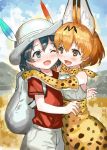  2girls animal_ears backpack bag black_hair blonde_hair blue_eyes blush bow bowtie brown_eyes bucket_hat cheek-to-cheek commentary_request elbow_gloves gloves hair_between_eyes hat hat_feather high-waist_skirt hug kaban_(kemono_friends) kemono_friends long_hair looking_at_another multiple_girls one_eye_closed open_mouth ran&#039;ou_(tamago_no_kimi) red_shirt serval_(kemono_friends) serval_ears serval_print shirt short_hair shorts skirt sleeveless sleeveless_shirt smile wavy_hair 