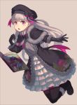  1girl black_gloves black_hat black_legwear blush book dress eyebrows_visible_through_hair fate/extra fate_(series) food_print full_body gloves hat long_hair looking_at_viewer mushroom_print nursery_rhyme_(fate/extra) open_mouth outstretched_arm pantyhose peroncho ribbon simple_background solo violet_eyes white_hair 
