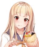  1girl 3: :q banana bangs blonde_hair blush closed_mouth cream cream_on_face crepe eyebrows_visible_through_hair food food_on_face fruit holding holding_food hoshi_usagi long_hair looking_at_viewer original pocky red_eyes sailor_collar school_uniform serafuku simple_background solo strawberry tongue tongue_out upper_body whipped_cream white_background 