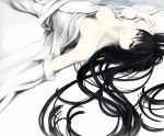  1girl black_eyes black_hair breasts breasts_apart erise hair_between_eyes hair_spread_out japanese_clothes long_hair lying medium_breasts no_bra on_back original outstretched_arm parted_lips revision smile solo very_long_hair 